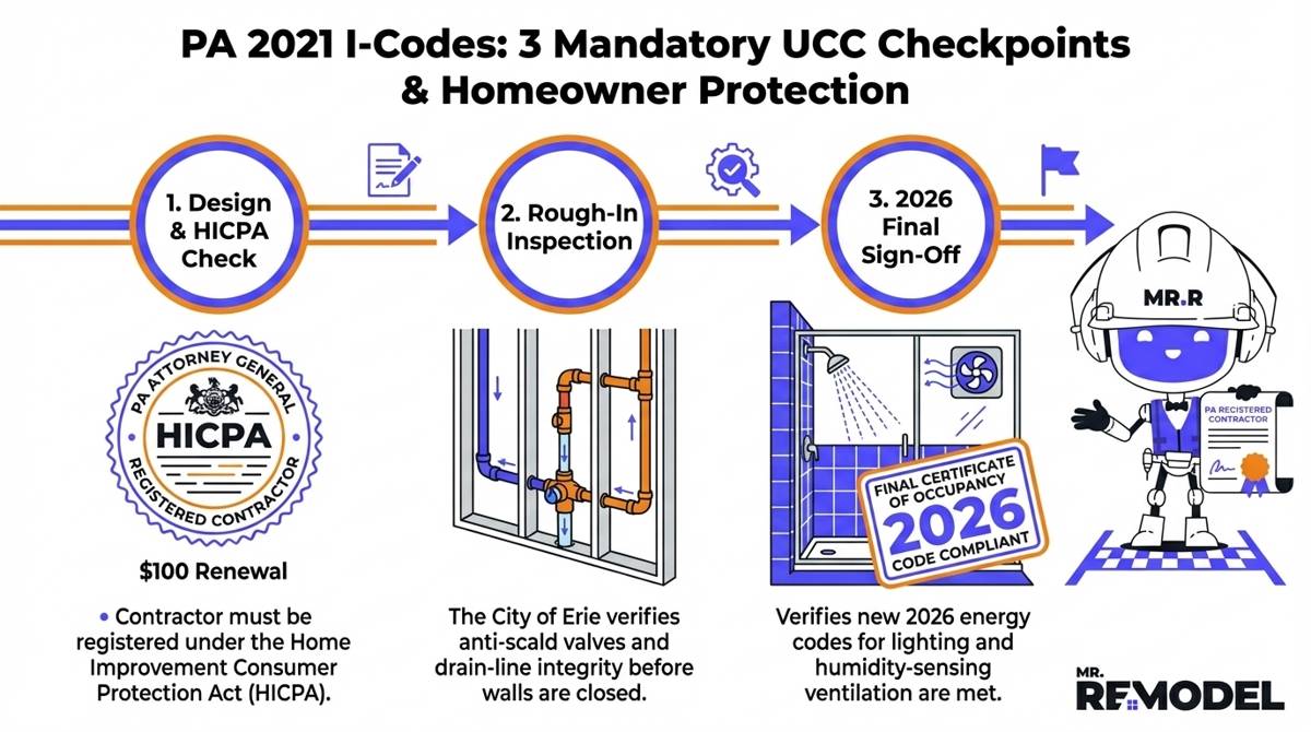 A 2026 Pennsylvania building code roadmap infographic detailing HICPA registration, mandatory rough-in plumbing inspections, and the final sign-off required under the updated Uniform Construction Code.